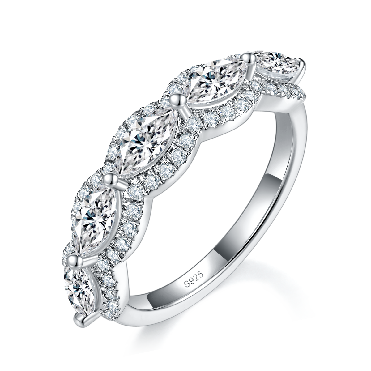 马眼钻排戒女戒S925银镀白金定制选款副石莫桑钻1.83ct