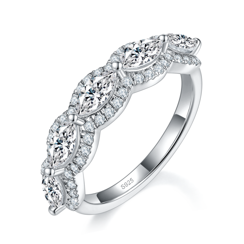 马眼钻排戒Women's RingS925银镀白金定制选款副石Moissanite1.83ct