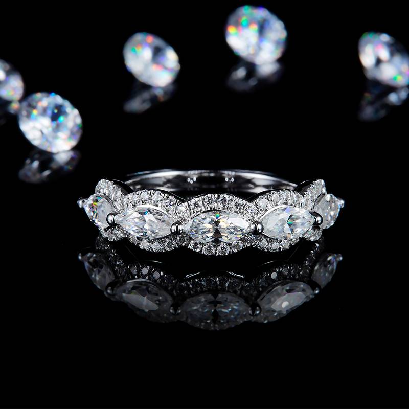 马眼钻排戒Women's RingS925银镀白金定制选款副石Moissanite1.83ct
