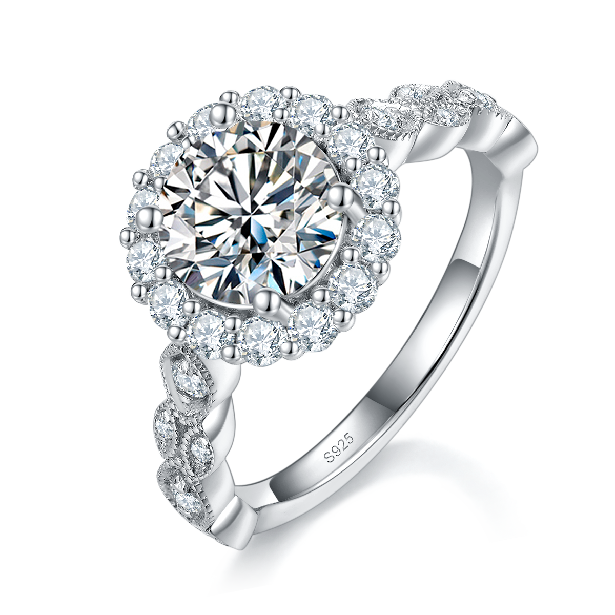 Light Luxury Round Bag Women's Ring S925 Silver Plated Platinum Customized Selection Main Stone Moissanite 1.5ct/Side Stone Cubic Zirconia