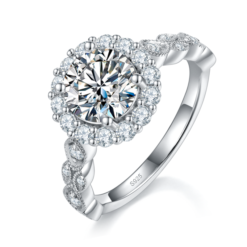 轻奢圆包女戒S925银镀白金定制选款主石莫桑钻1.5ct/副石高碳钻