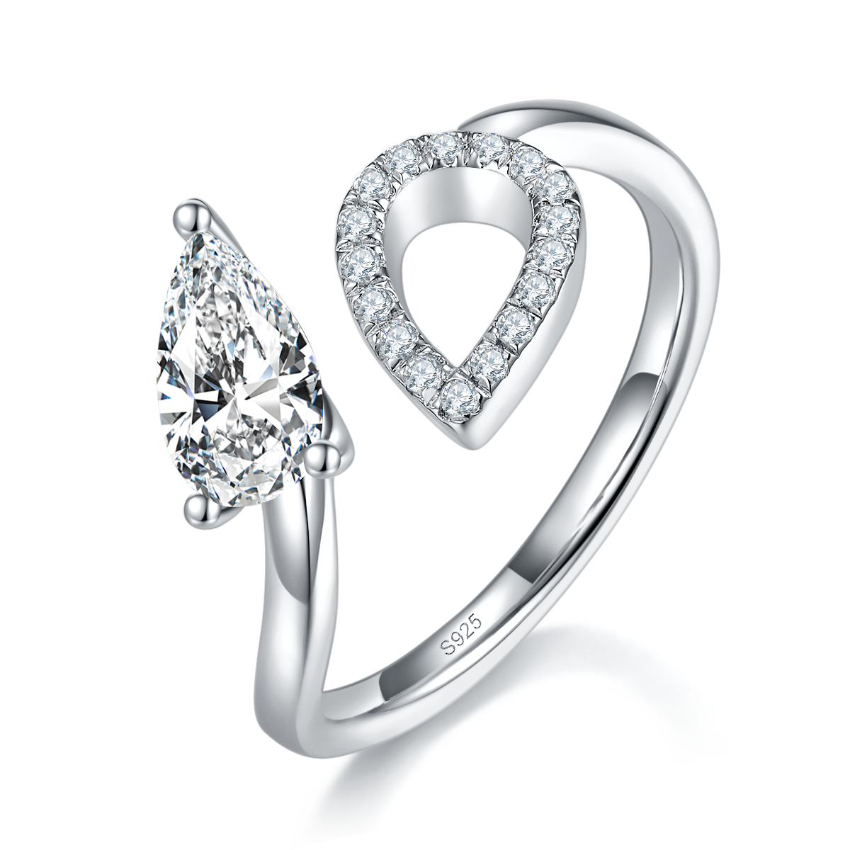 梨形开口女戒S925银镀白金定制选款主石莫桑钻1.0ct/副石高碳钻