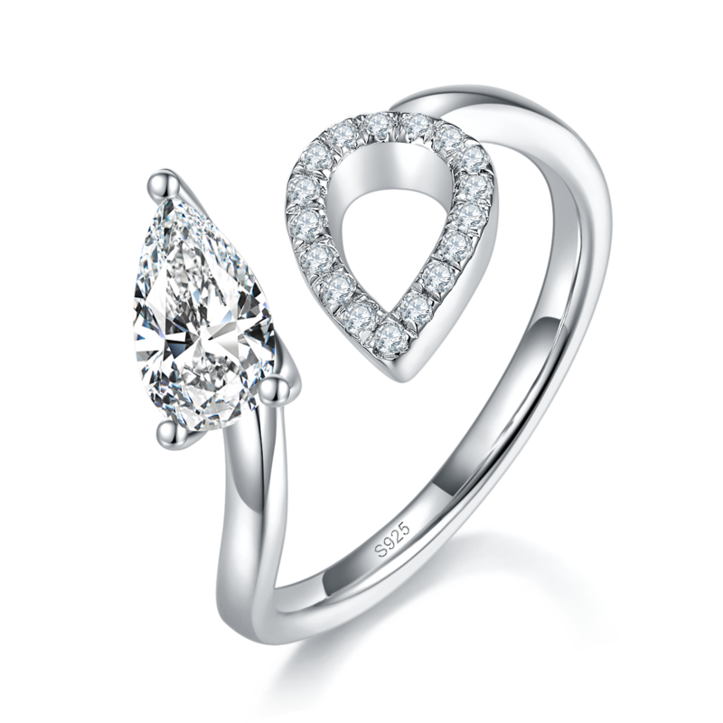 梨形开口女戒S925银镀白金定制选款主石莫桑钻1.0ct/副石高碳钻