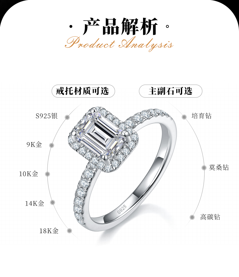 祖母切女戒S925银镀白金定制选款主石莫桑钻1.0ct/副石高碳钻 - 2