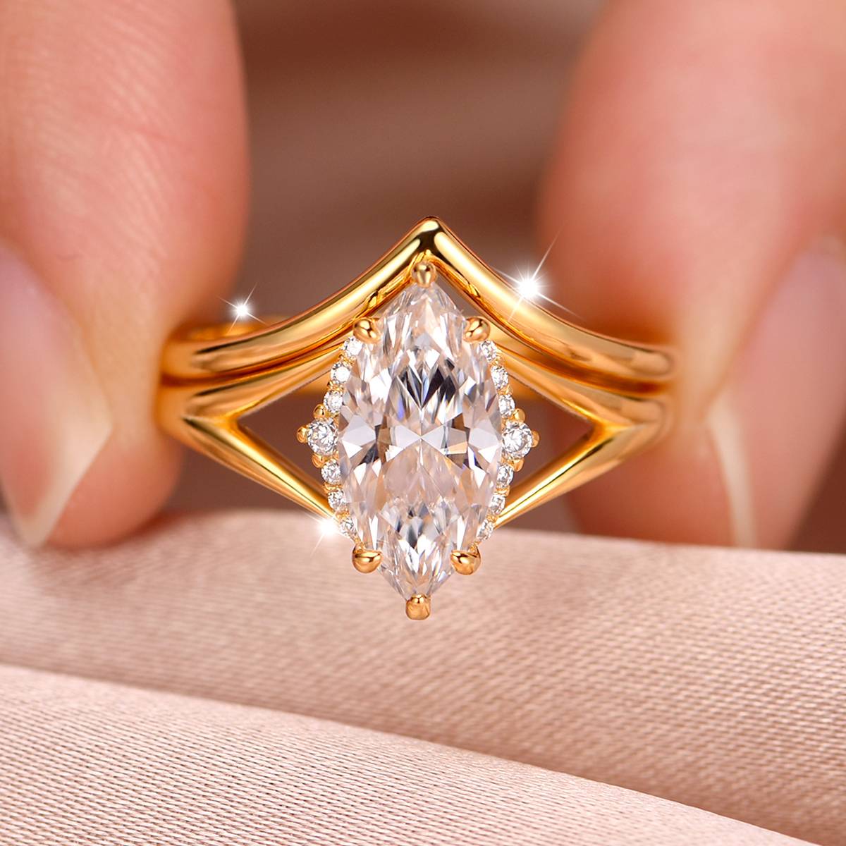 MR0167款S25银镀18K黄金马眼形Moissanite简约女套戒主石2.0ct/12*6mmmm