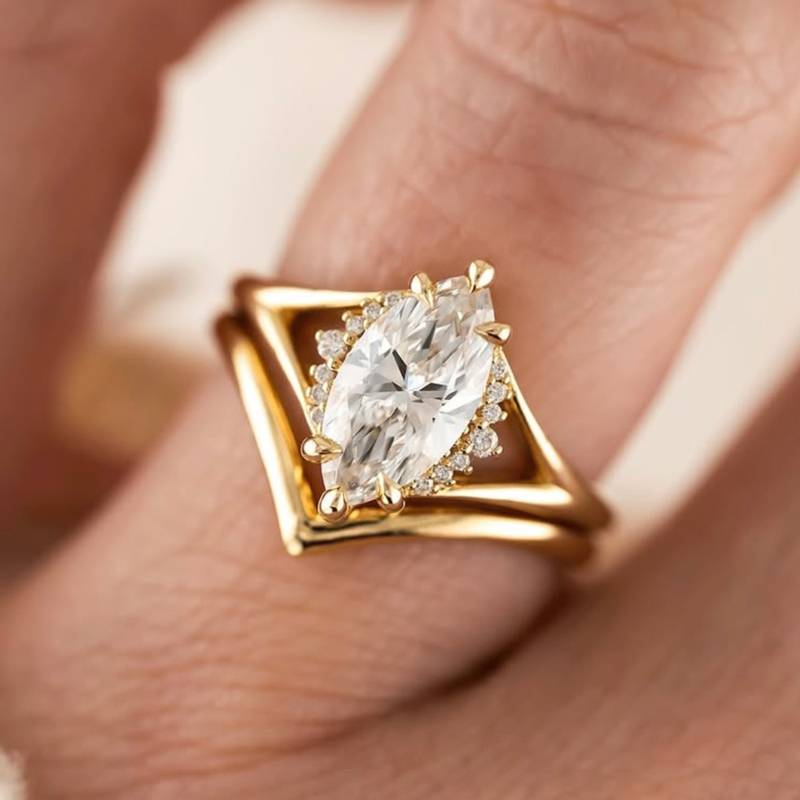 MR0167款S25银镀18K黄金马眼形Moissanite简约女套戒主石2.0ct/12*6mmmm