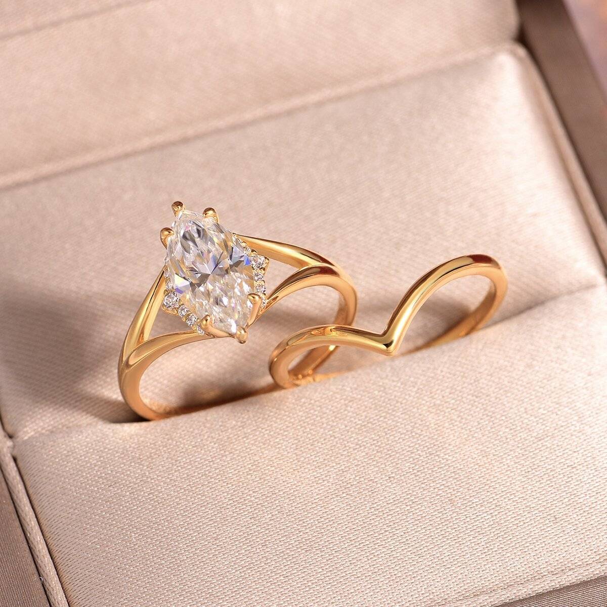 MR0167款S25银镀18K黄金马眼形Moissanite简约女套戒主石2.0ct/12*6mmmm