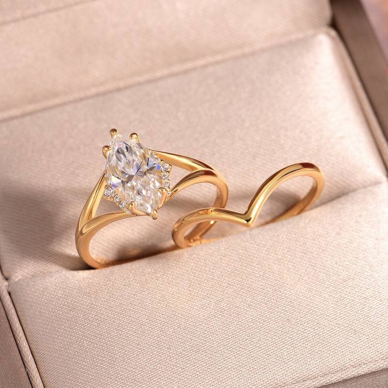 MR0167款S25银镀18K黄金马眼形Moissanite简约女套戒主石2.0ct/12*6mmmm