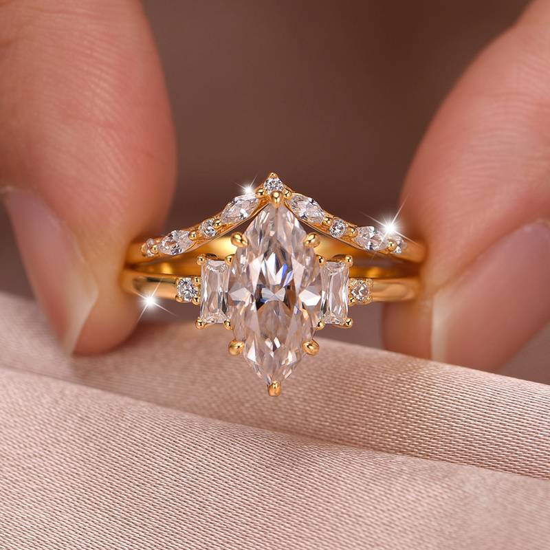 MR0170款S25银镀18K黄金马眼形MoissaniteExquisite女套戒主石2.0ct/12*6mmmm