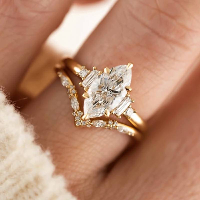 MR0170款S25银镀18K黄金马眼形MoissaniteExquisite女套戒主石2.0ct/12*6mmmm