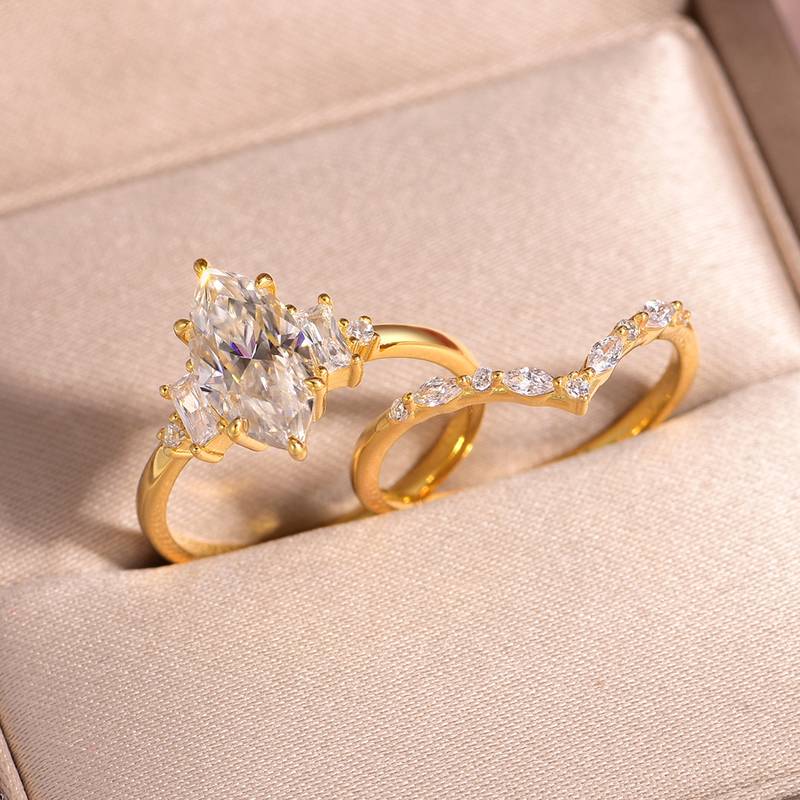 MR0170款S25银镀18K黄金马眼形MoissaniteExquisite女套戒主石2.0ct/12*6mmmm
