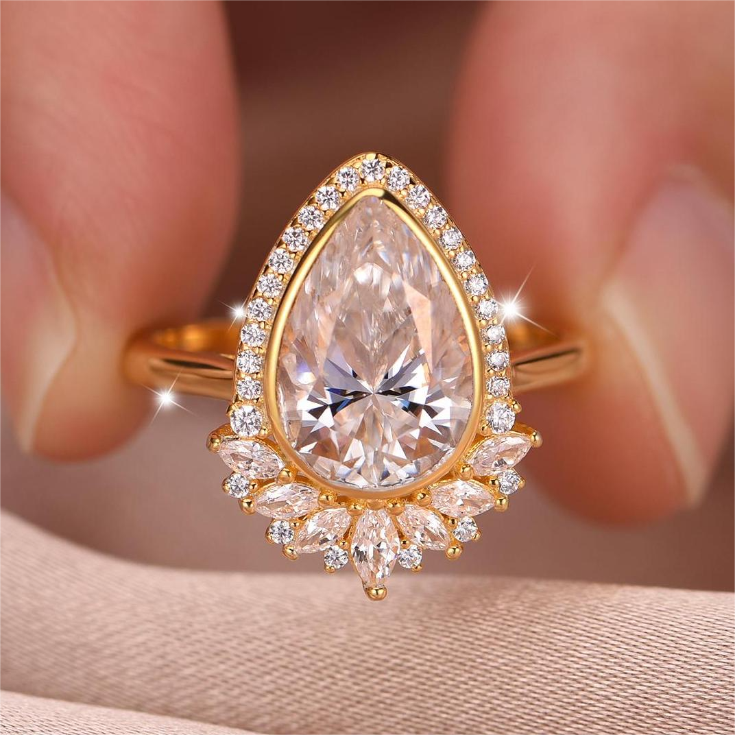 MR0179款S25银镀18K黄金水滴形莫桑钻豪华女戒主石4ct/8*12mm