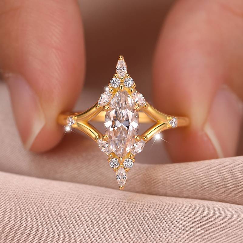 MR0182款S25银镀18K黄金马眼形MoissaniteExquisiteWomen's Ring主石1.0ct/10*5mmmm