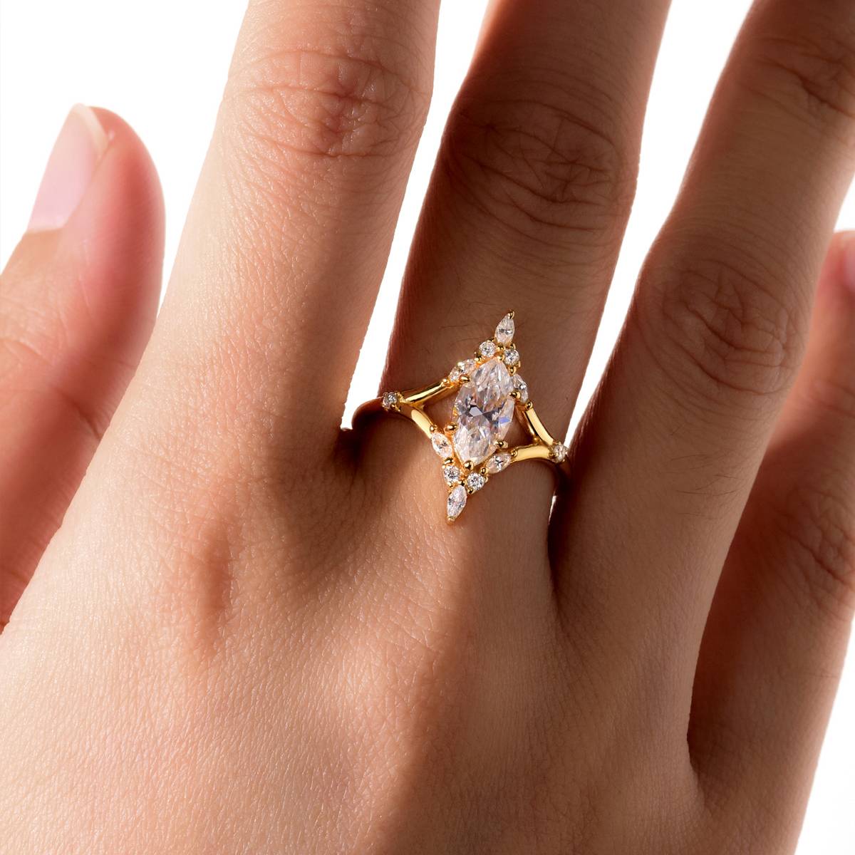 MR0182款S25银镀18K黄金马眼形MoissaniteExquisiteWomen's Ring主石1.0ct/10*5mmmm