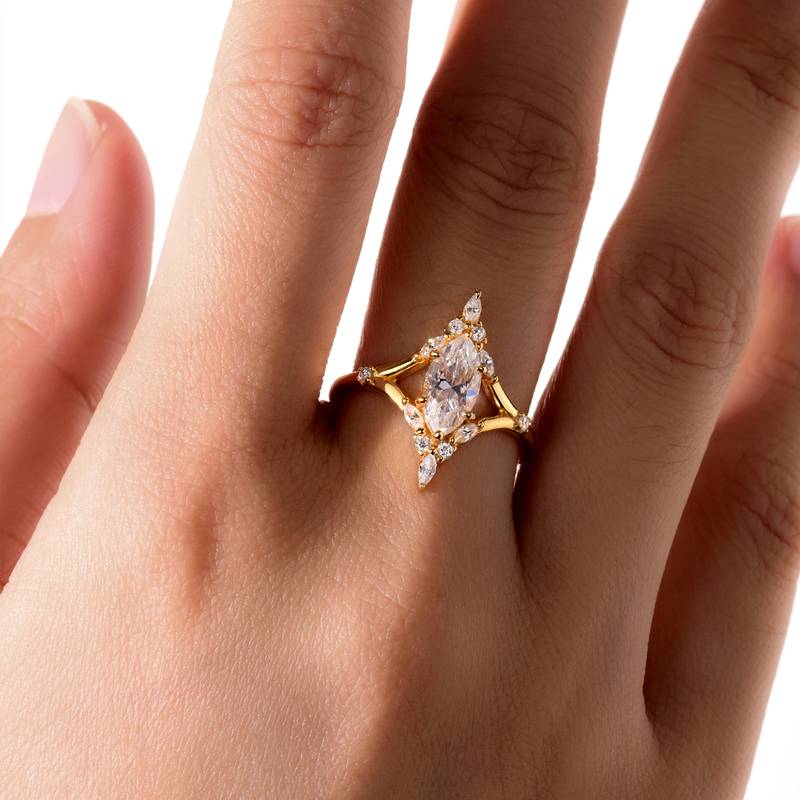 MR0182款S25银镀18K黄金马眼形MoissaniteExquisiteWomen's Ring主石1.0ct/10*5mmmm
