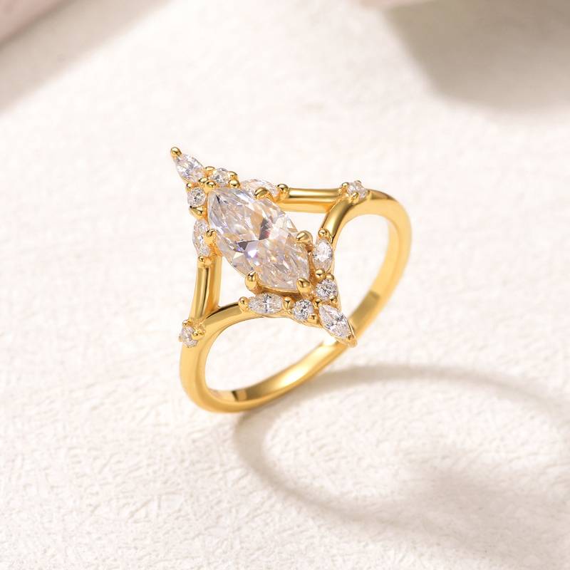 MR0182款S25银镀18K黄金马眼形MoissaniteExquisiteWomen's Ring主石1.0ct/10*5mmmm