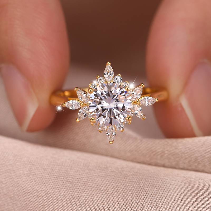 MR0183款S25银镀18K黄金圆形Moissanite花形Women's Ring主石1.2ct/7.0mm
