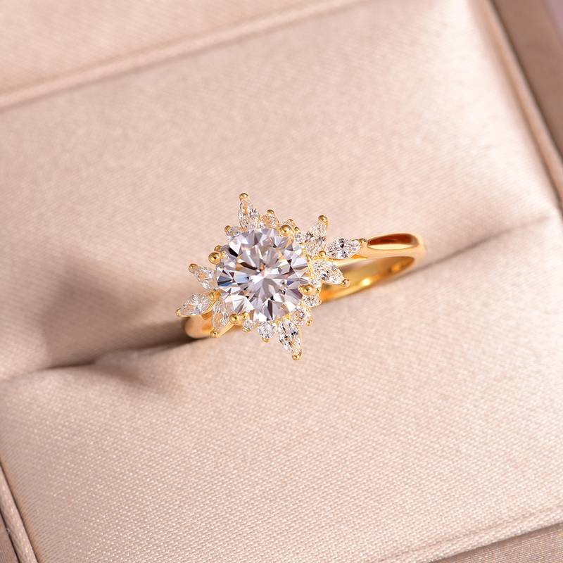 MR0183款S25银镀18K黄金圆形Moissanite花形Women's Ring主石1.2ct/7.0mm