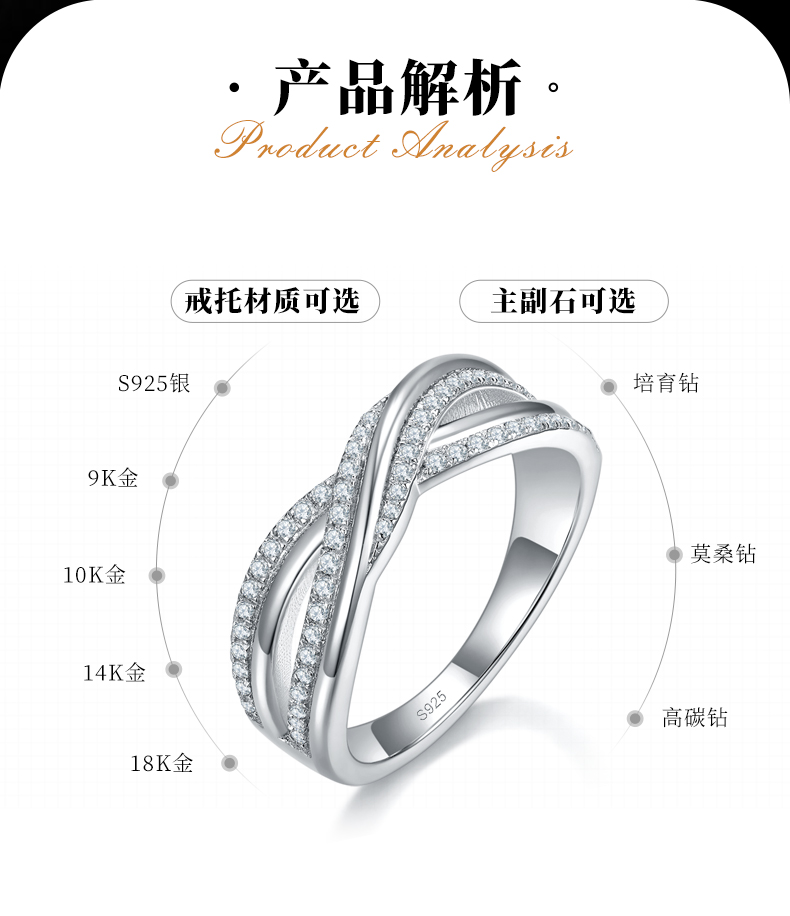 扭臂满钻排戒S925银镀白金定制选款莫桑钻0.28ct - 2