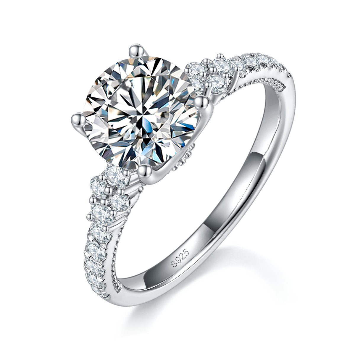 Light Luxury Four Claw Women's Ring S925 Silver Plated Platinum Customized Selection Main Stone Moissanite 2.0ct/Side Stone Cubic Zirconia
