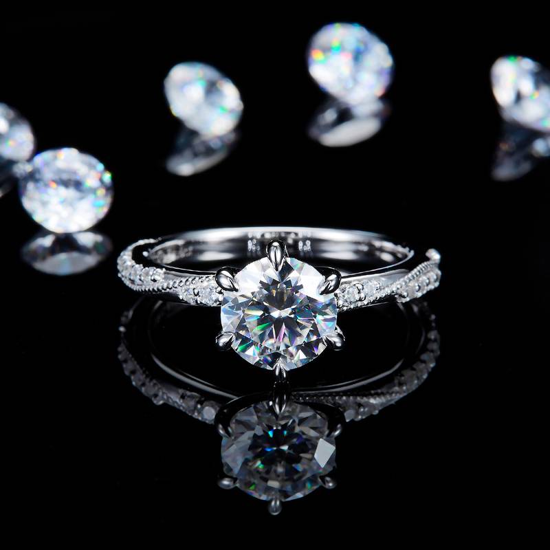 珠边直臂微镶六爪Women's RingS925银镀白金定制选款主石Moissanite1.5ct/副石高碳钻