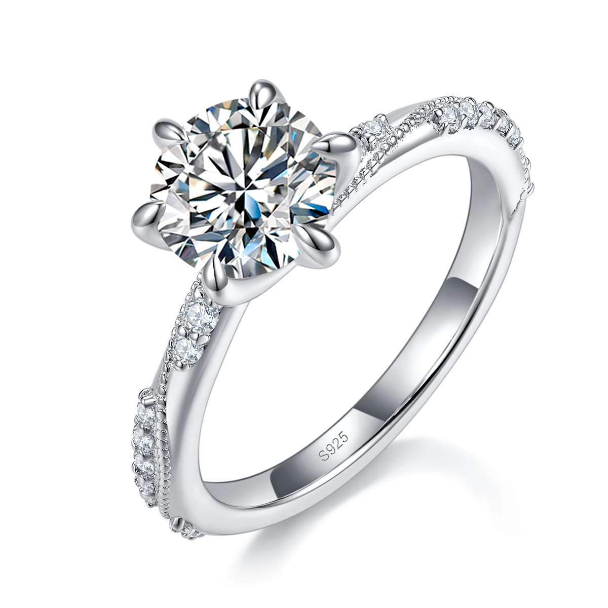 Pearl edge straight arm micro inlaid six claw women's ring S925 silver plated platinum customized selection main stone Moissanite 1.5ct/Side Stone Cubic Zirconia