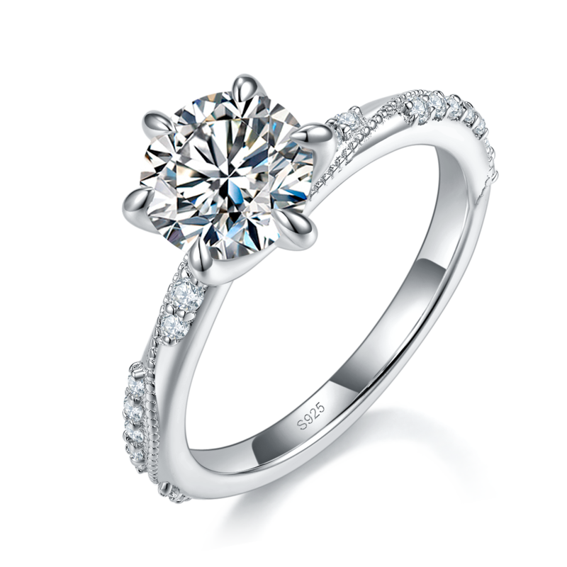 珠边直臂微镶六爪Women's RingS925银镀白金定制选款主石Moissanite1.5ct/副石高碳钻