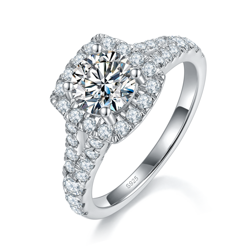 豪华双臂方包女戒S925银镀白金定制选款主石莫桑钻1.0ct/副石高碳钻