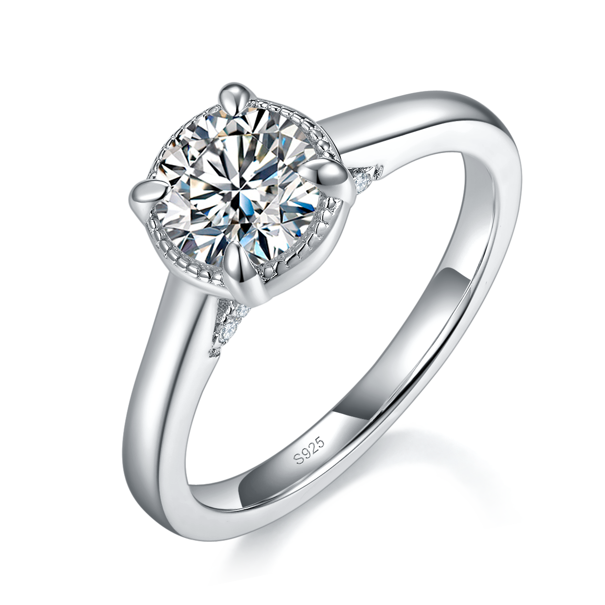 Barearm Four Claw Women's Ring S925 Silver Plated Platinum Customized Selection Main Stone Moissanite 1.0ct/Side Stone Cubic Zirconia