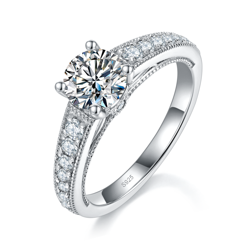 Affordable Luxury微镶珠边直臂四爪Women's RingS925银镀白金定制选款主石Moissanite1.0ct/副石高碳钻