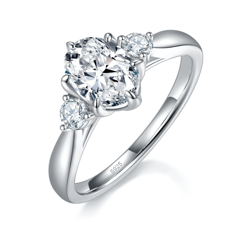 三石款蛋形Women's RingS925银镀白金定制选款主副石Moissanite1.5ct