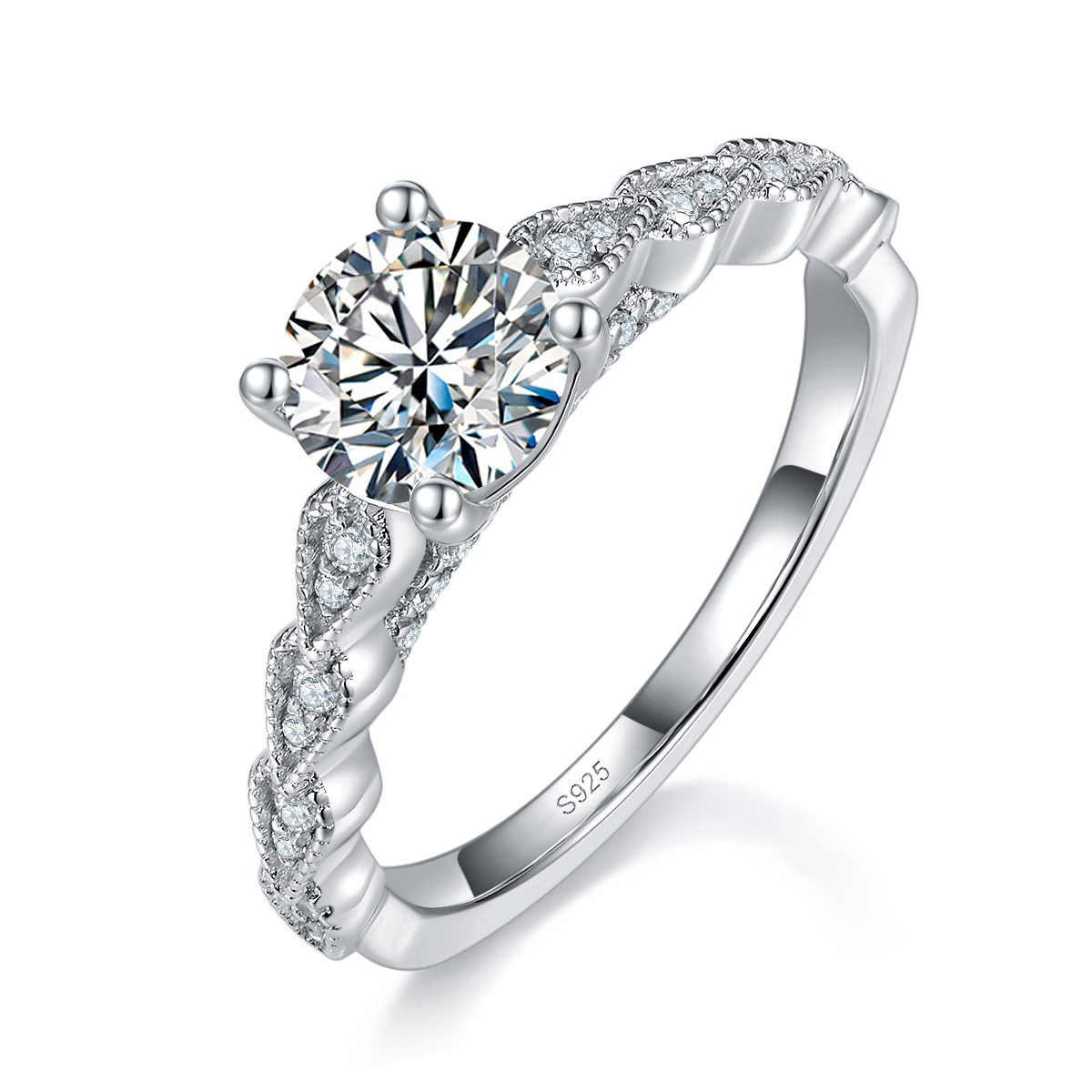 Light Luxury Four Claw Women's Ring S925 Silver Plated Platinum Customized Selection Main Stone Moissanite 1.0ct/Side Stone Cubic Zirconia