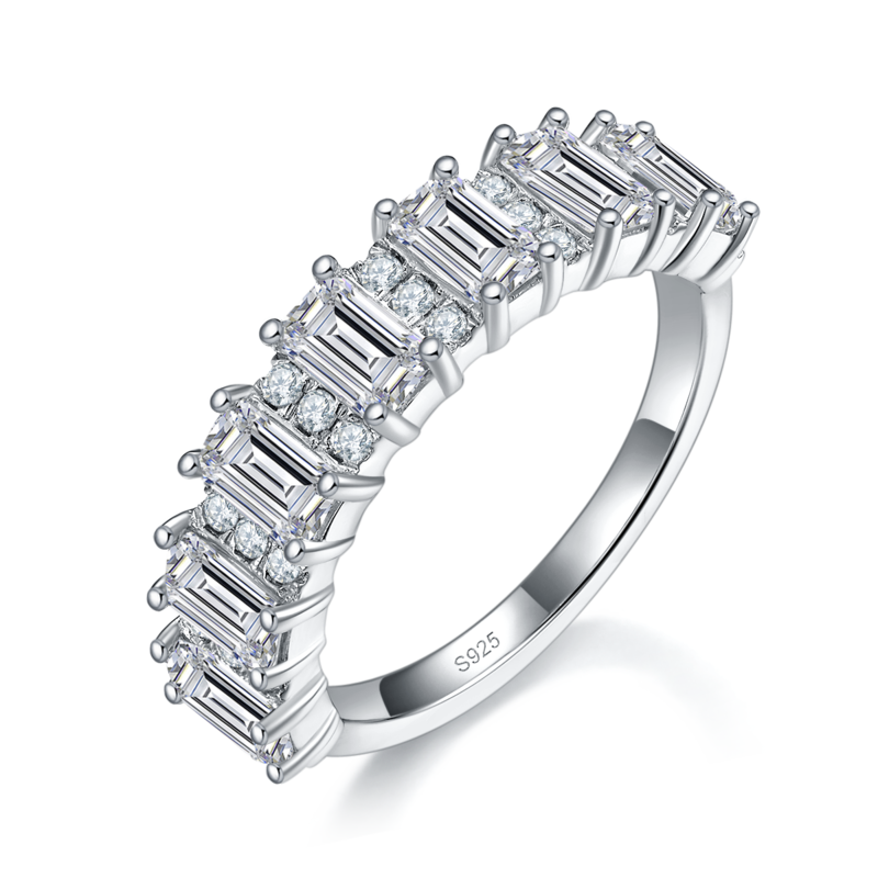 祖母绿切割排戒Women's RingS925银镀白金定制选款副石Moissanite3.74ct