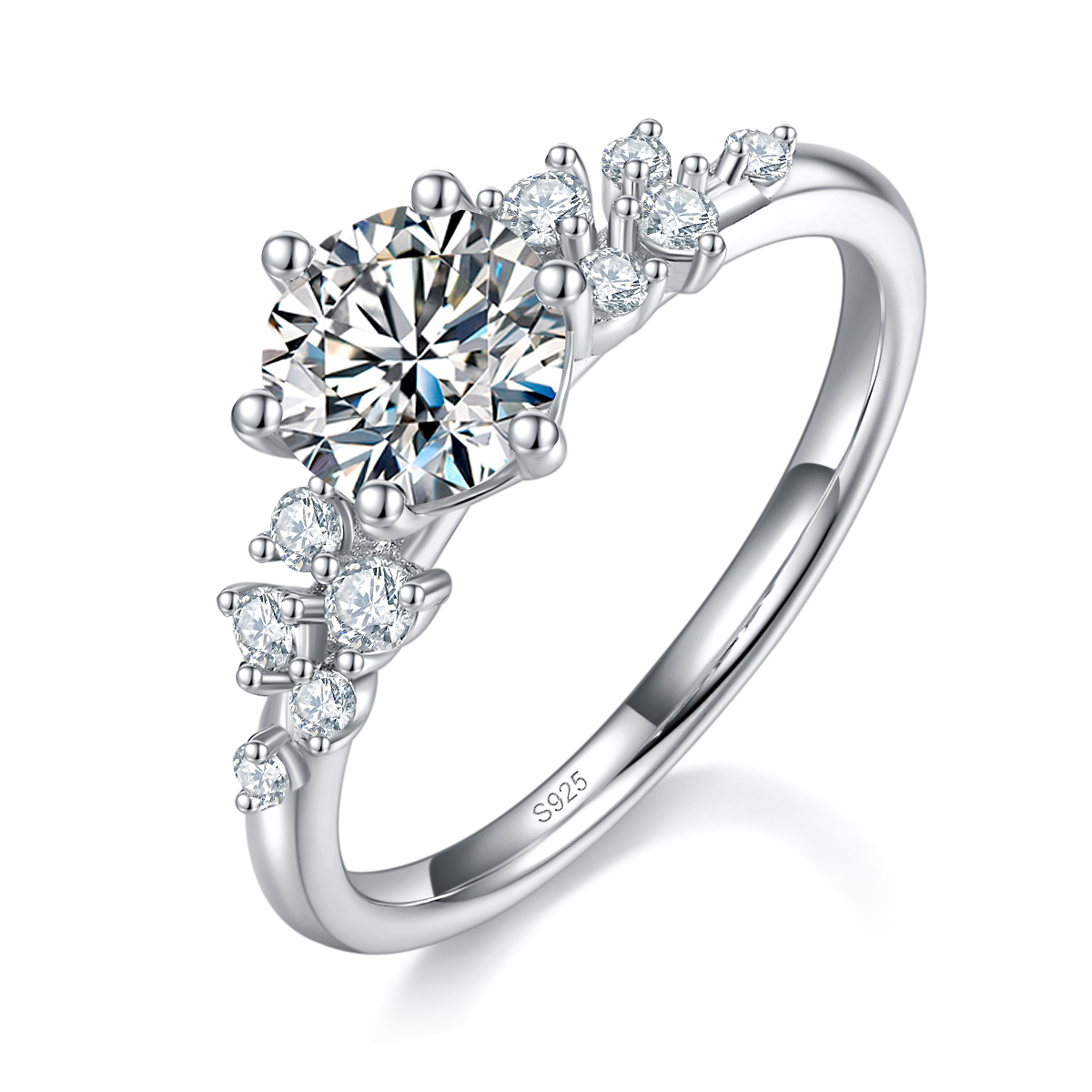 微镶六爪女戒S925银镀白金定制选款主石莫桑钻1.0ct/副石高碳钻