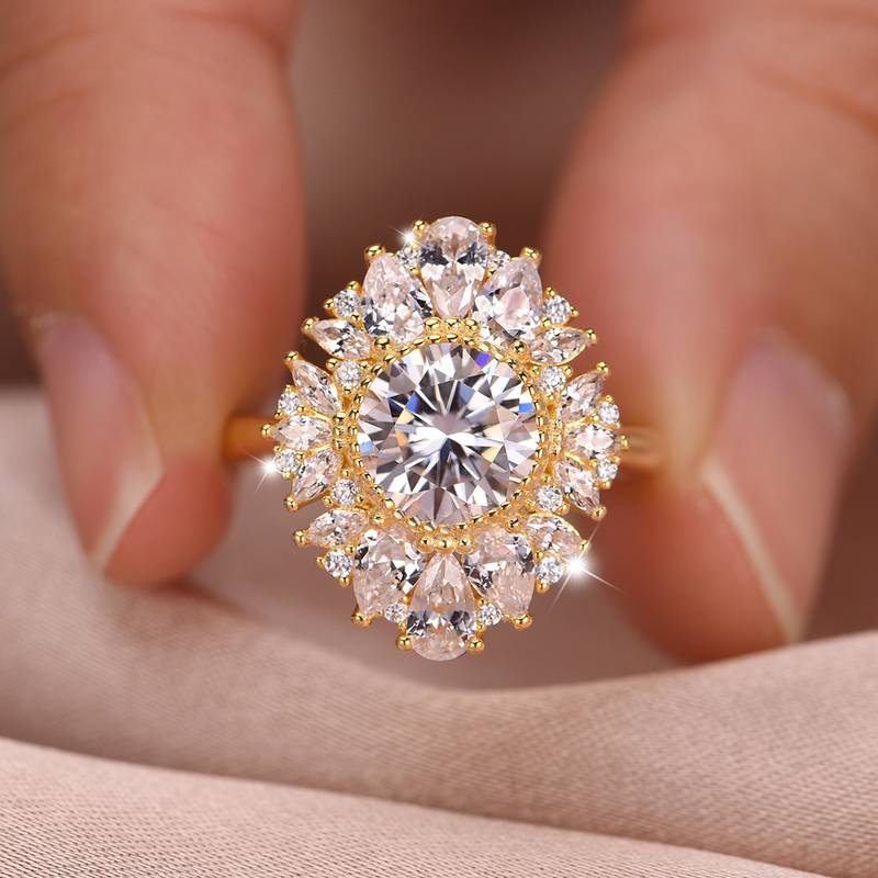 MR0187款S25银镀18K黄金圆形Moissanite豪华Women's Ring主石2.0ct/8.0mm