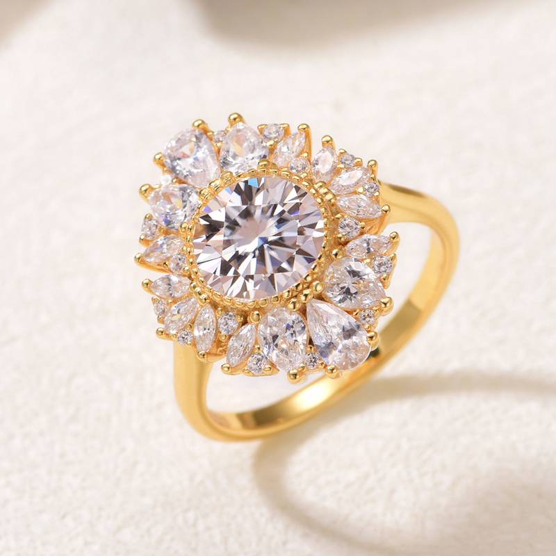 MR0187款S25银镀18K黄金圆形Moissanite豪华Women's Ring主石2.0ct/8.0mm