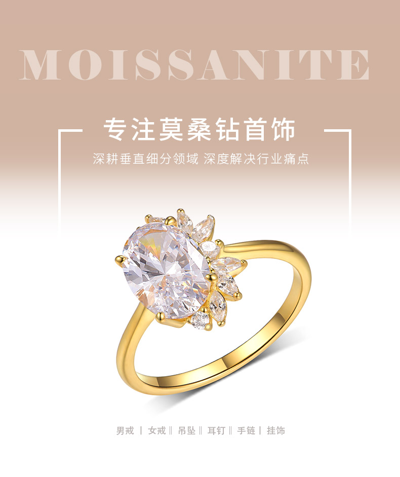 MR0185款S25银镀18K黄金蛋形莫桑钻轻奢女戒主石2.5ct/10*7mm - 1