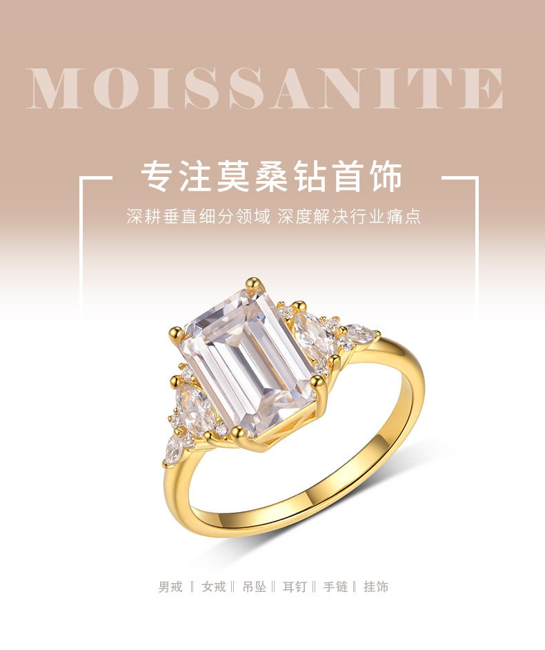 MR0180款S25银镀18K黄金祖母绿切割莫桑钻轻奢女戒主石3.0ct/10*7mm - 1