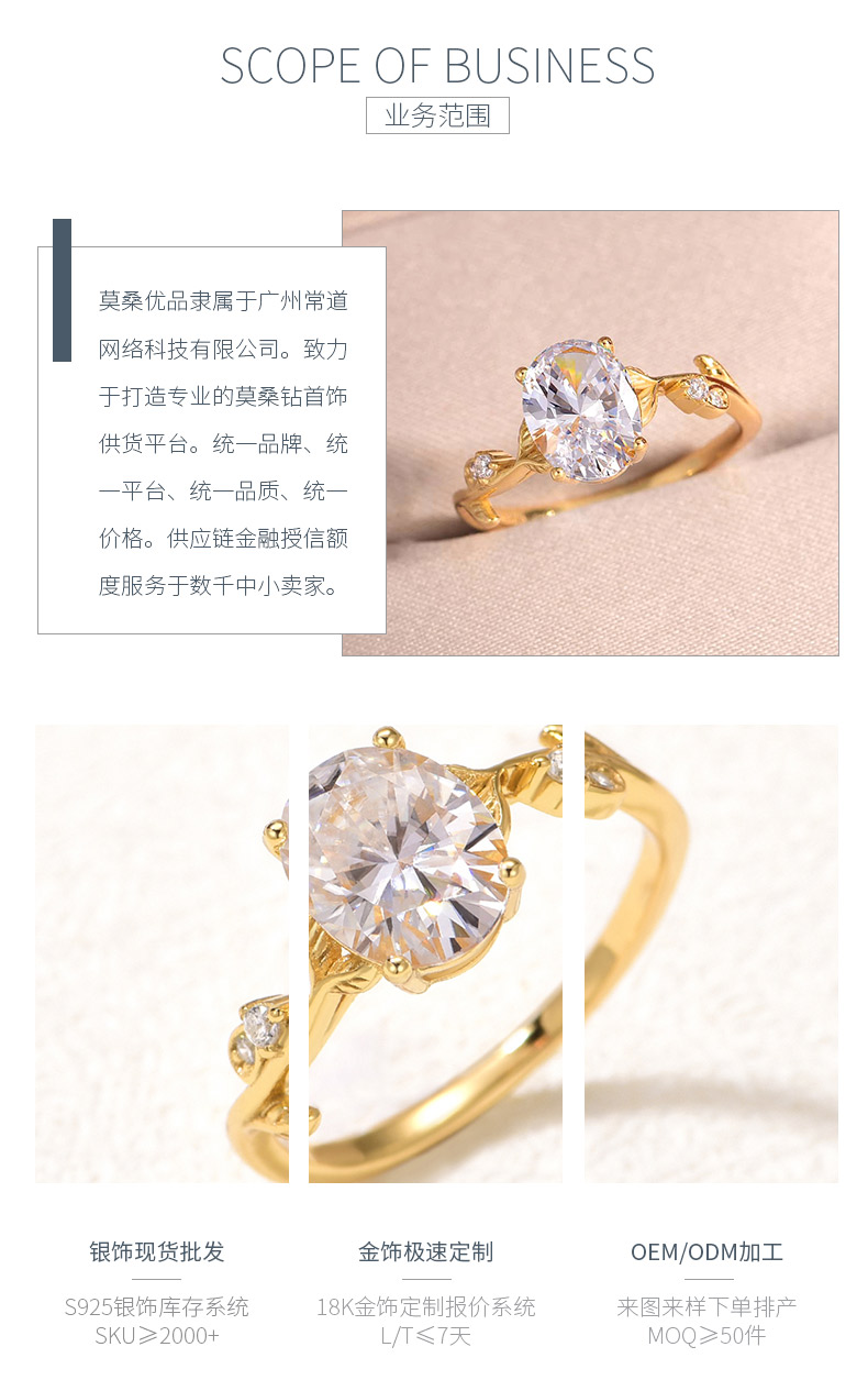 MR0162款S25银镀18K黄金蛋形莫桑钻枝叶款女戒主石2.0ct/9*7mm - 3