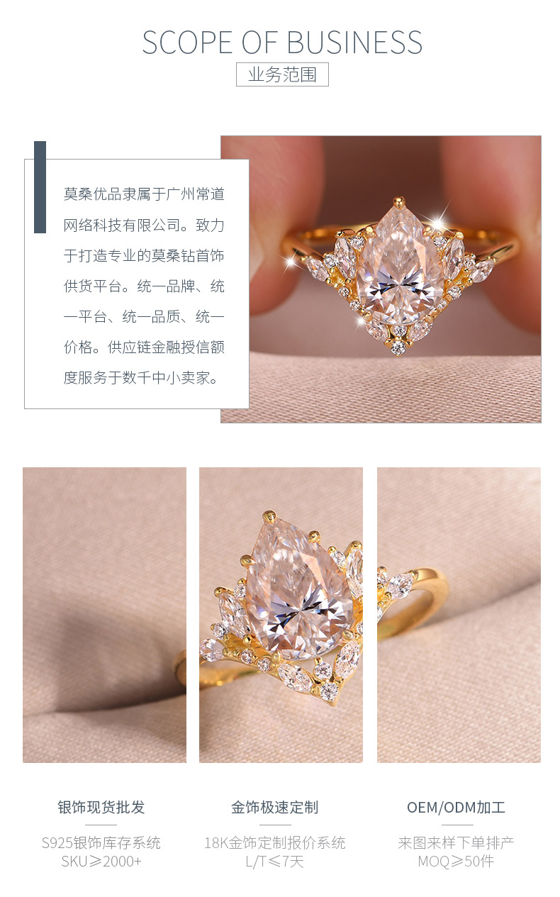 MR0161款S25银镀18K黄金水滴形莫桑钻轻奢女戒主石2.0ct/10*7mm - 3