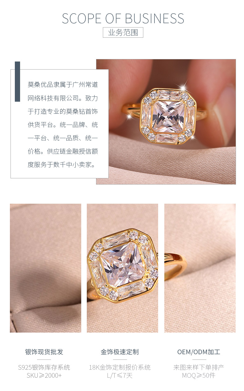 MR0159款S25银镀18K金正八角形莫桑钻个性女戒主石2.0ct/7.0mm - 3