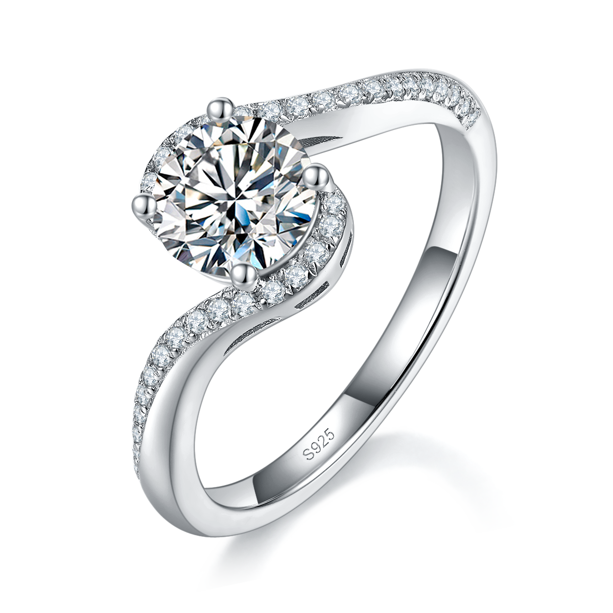 微镶扭臂四爪女戒S925银镀白金定制选款主石莫桑钻1.0ct/副石高碳钻