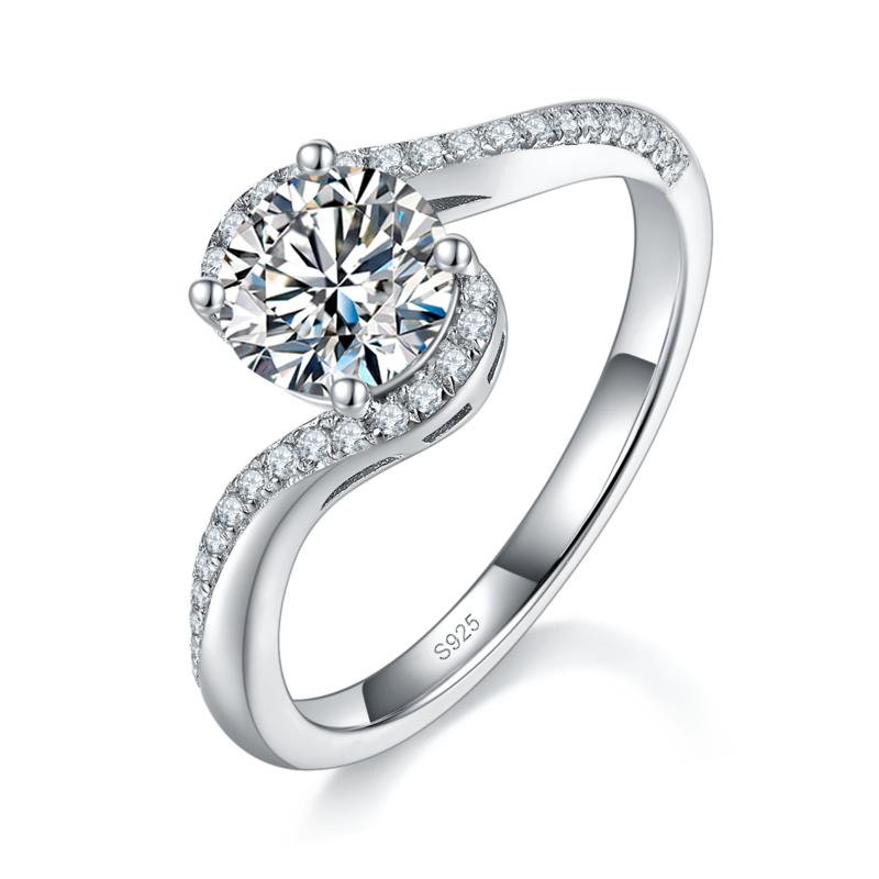 微镶扭臂四爪女戒S925银镀白金定制选款主石莫桑钻1.0ct/副石高碳钻
