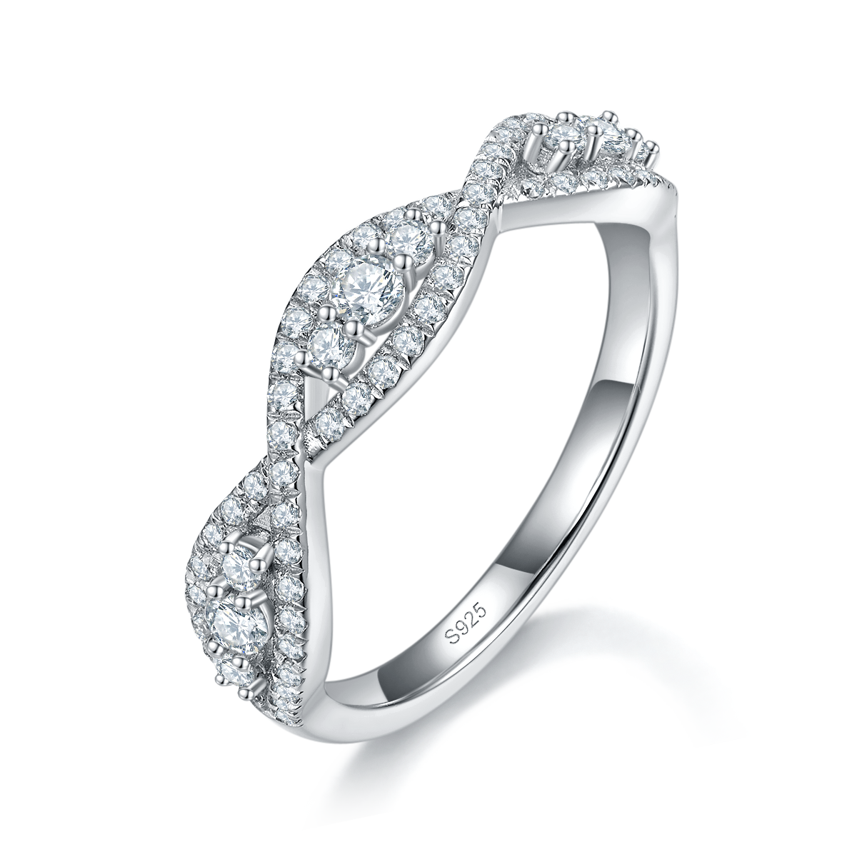 扭臂满钻排戒S925银镀白金定制选款莫桑钻0.49ct
