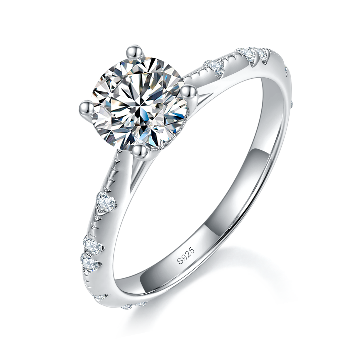 简约四爪女戒S925银镀白金定制选款主石莫桑钻1.0ct/副石高碳钻