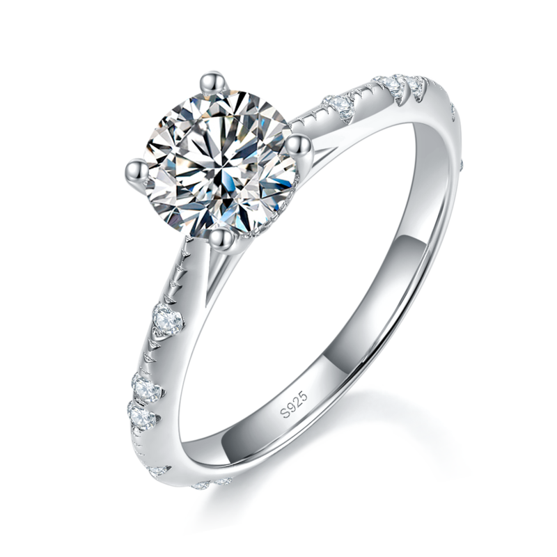 简约四爪Women's RingS925银镀白金定制选款主石Moissanite1.0ct/副石高碳钻