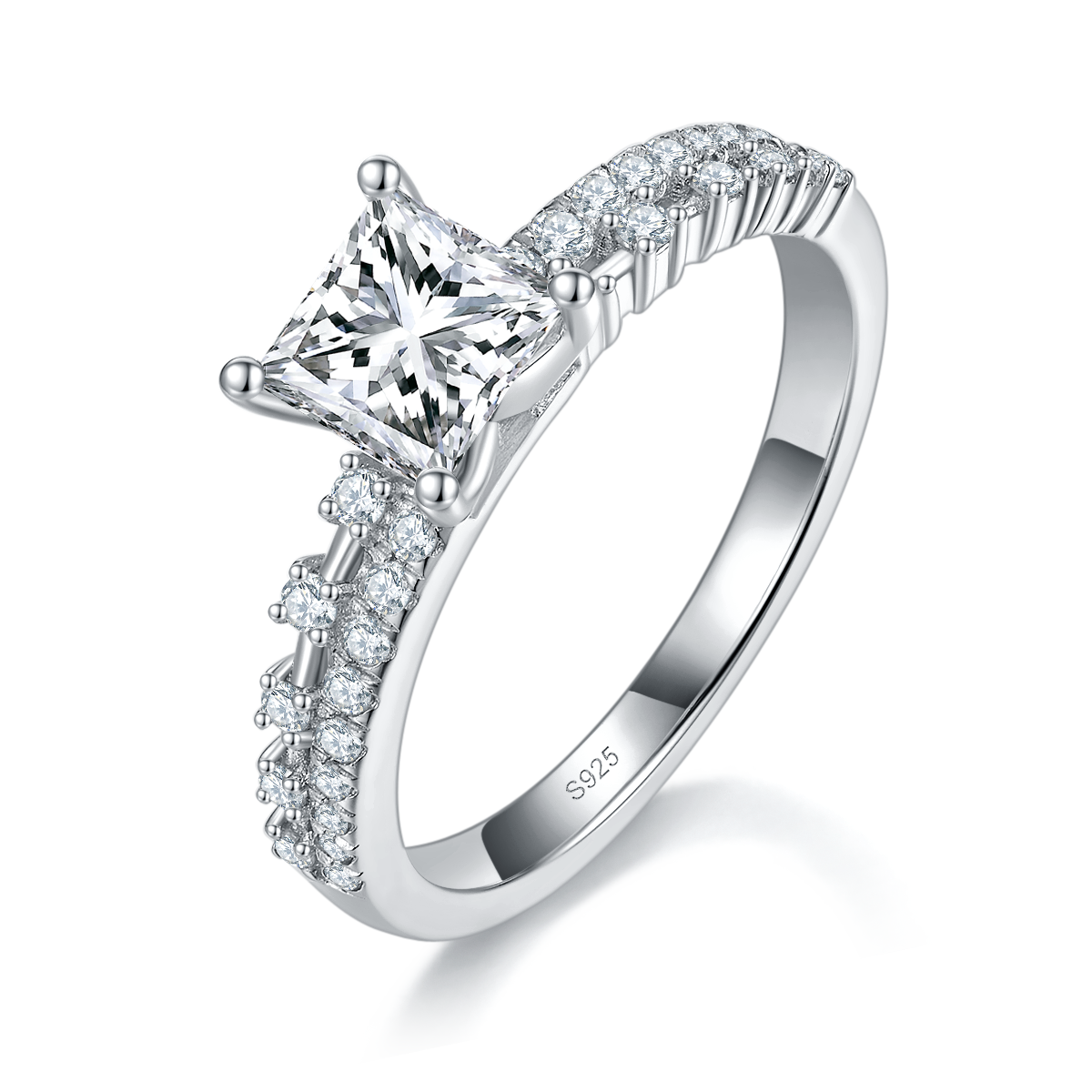 轻奢公主方女戒S925银镀白金定制选款主石莫桑钻1.0ct/副石高碳钻