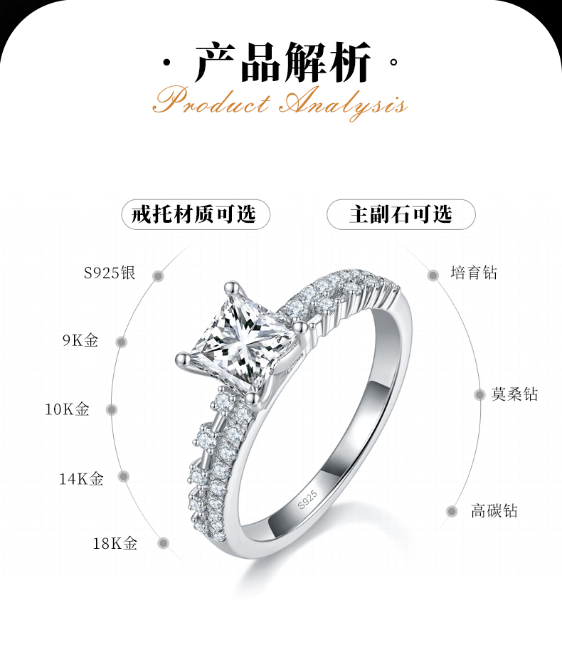 轻奢公主方女戒S925银镀白金定制选款主石莫桑钻1.0ct/副石高碳钻 - 2
