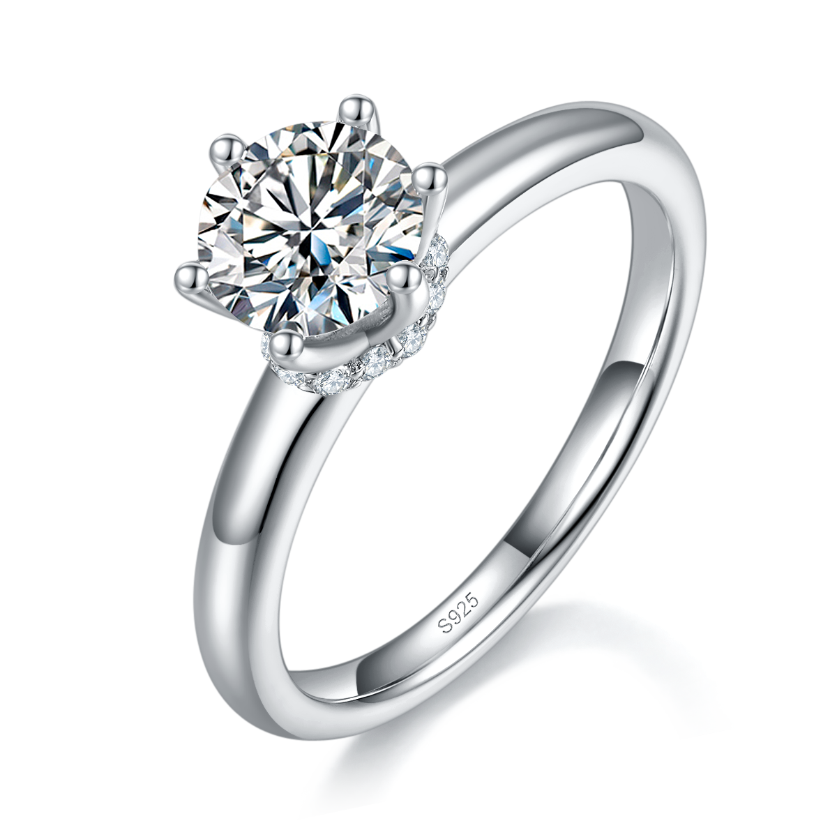 光臂六爪女戒S925银镀白金定制选款主石莫桑钻1.0ct/副石高碳钻