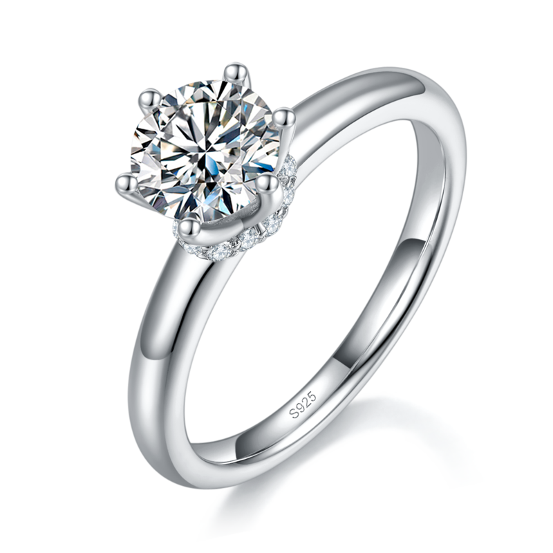 光臂六爪女戒S925银镀白金定制选款主石莫桑钻1.0ct/副石高碳钻